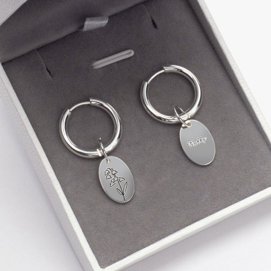 Personalized Birth Floral Signet Earrings- 925 Silver
