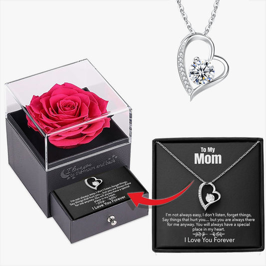 Box with a Rose and Hearts Necklace, complete with a personalized card.