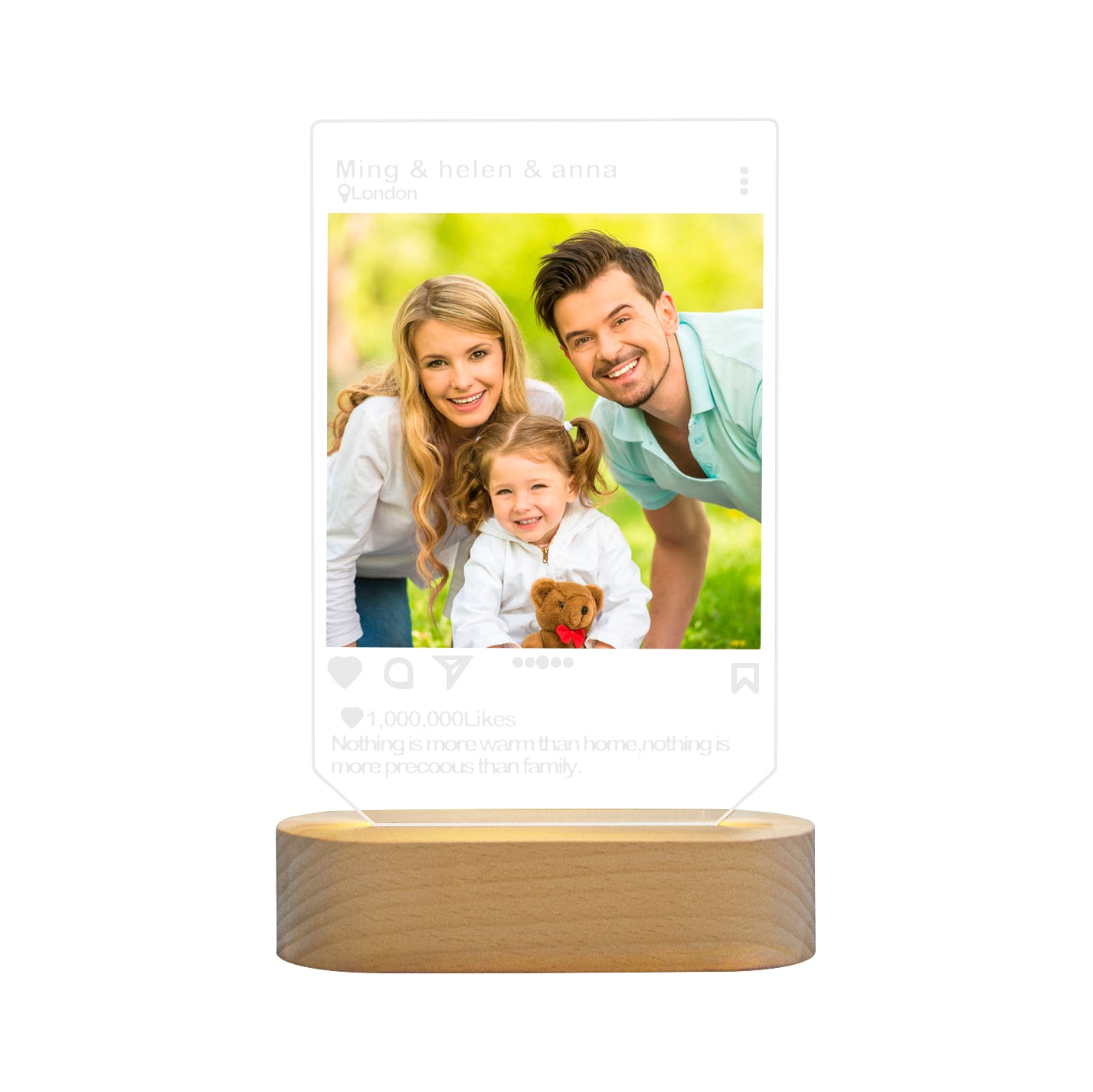 Acrylic LED Light with Solid Wooden Based with Personalized picture and Text