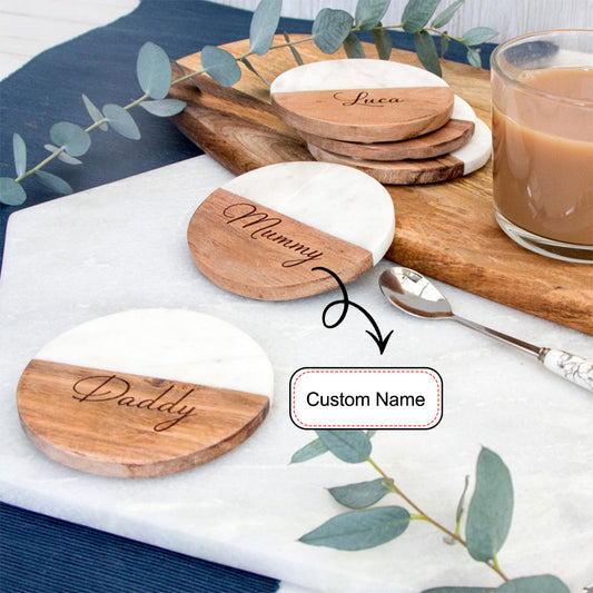 Custom Circular Marble and Wood Coasters with your name